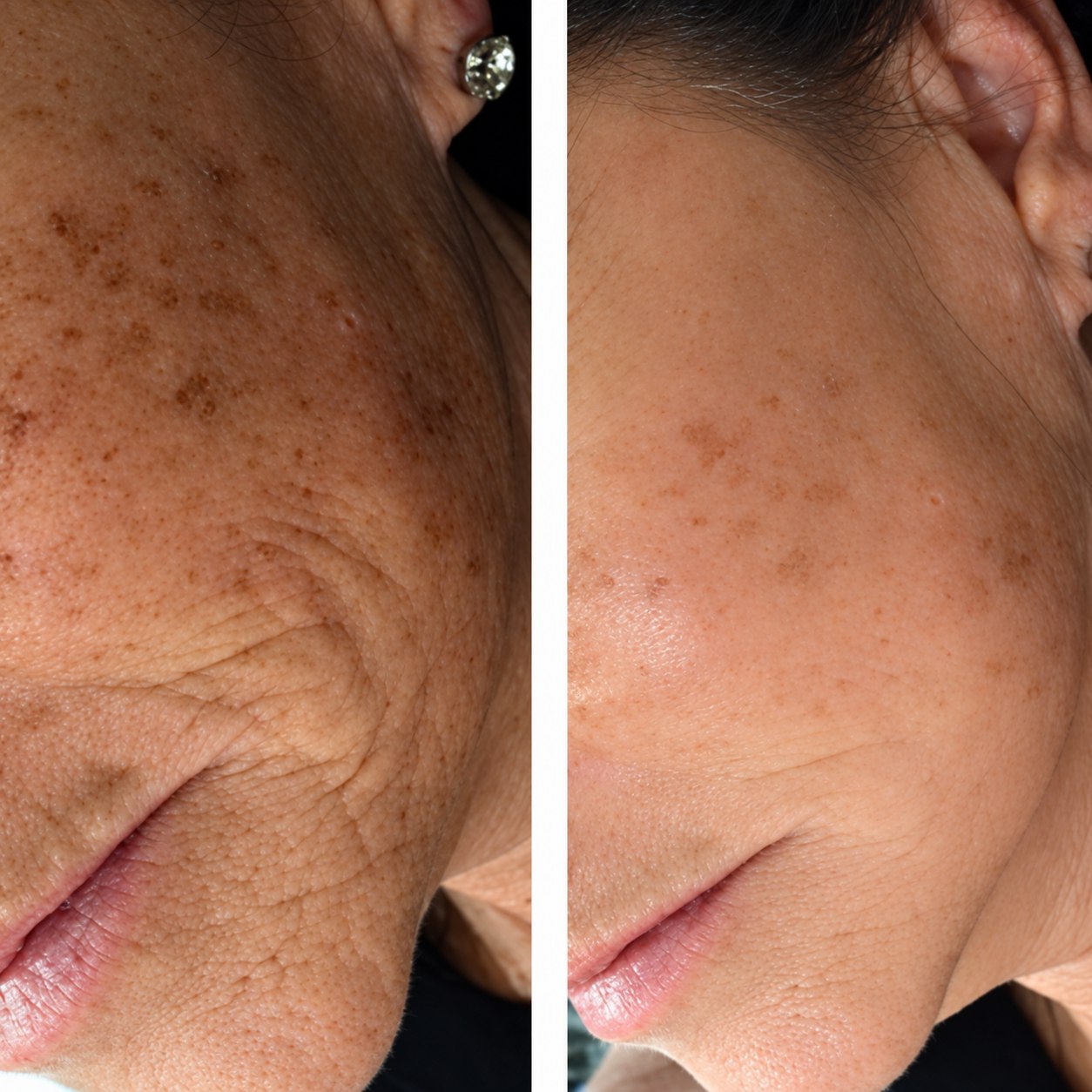 Bio-Microneedling-Ergebnis bei Hautgefühl: Wange und Mundwinkel, links vorher, rechts nachher