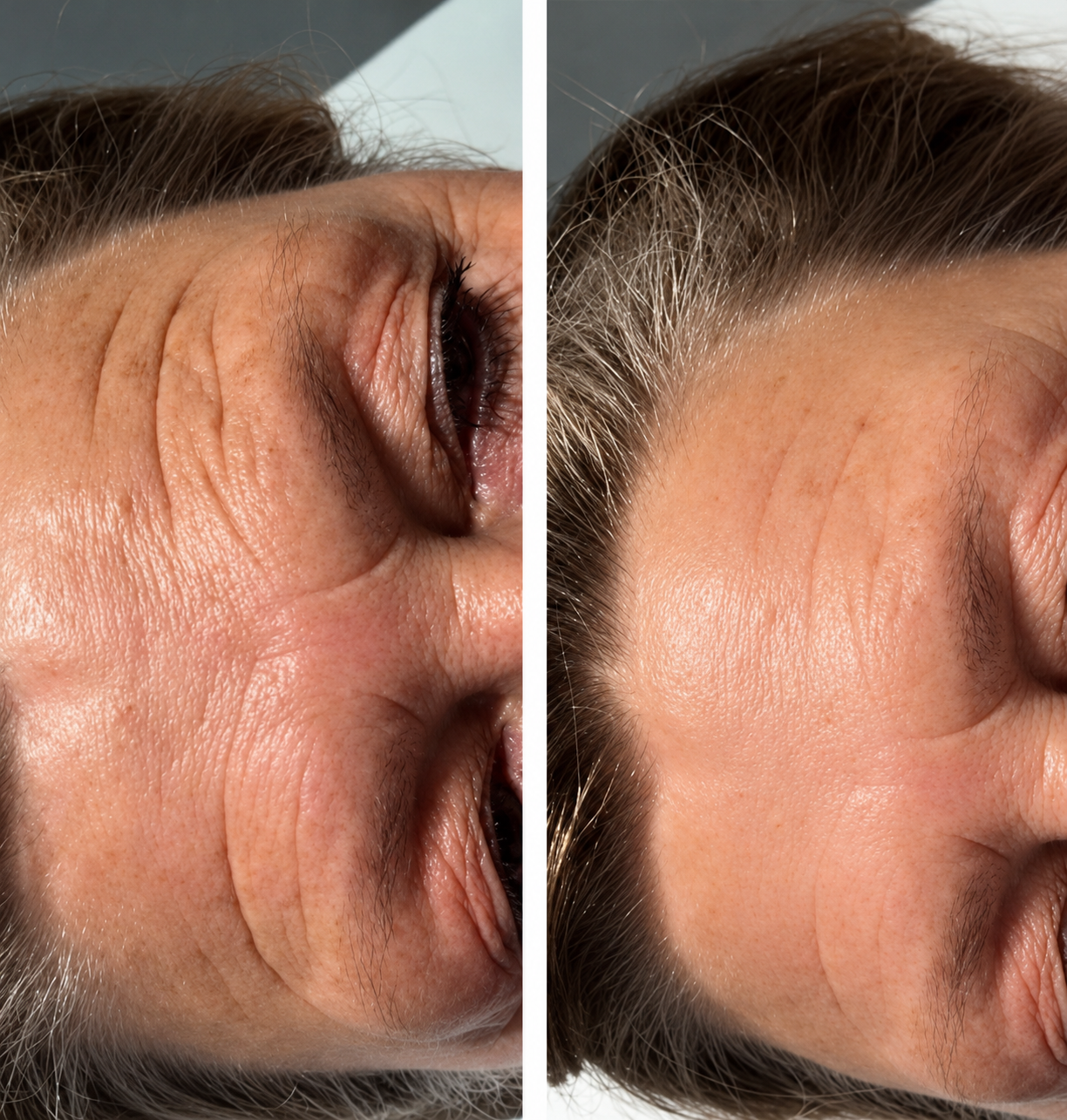 Bio-Microneedling-Ergebnis bei Hautgefühl: Stirn und Augenpartie, im Original gespeichert und um 90 Grad gedreht, vorher und nachher nebeneinander